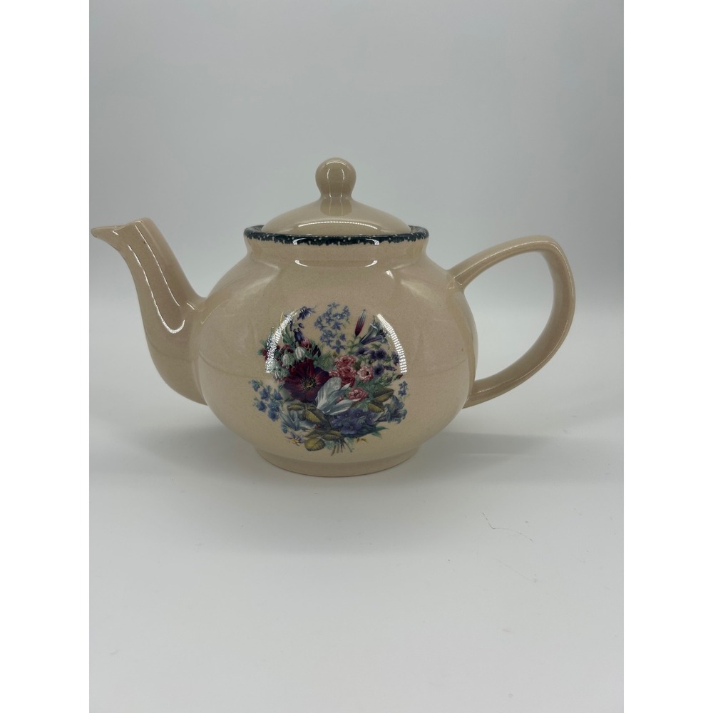 Home & Garden Party Ltd 2002 Floral Teapot‎ Beige Stoneware Cottagecore - Picture 6 of 10